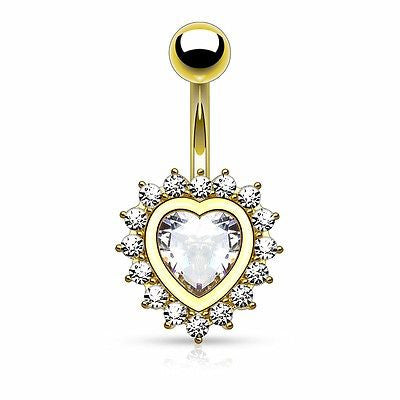 Belly Button Ring Navel Heart Shape Paved CZ Around Large Heart CZ  Plated