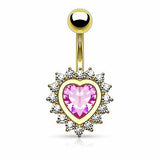 Belly Button Ring Navel Heart Shape Paved CZ Around Large Heart CZ  Plated