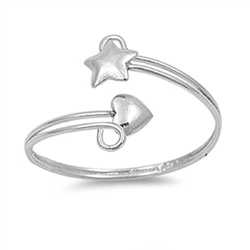 .925 Sterling Silver Toe Ring - Star Heart bypass Ring