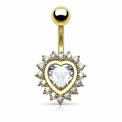 Body Accentz Belly Button Ring Navel Heart Shape Paved CZ Around Large Heart CZ