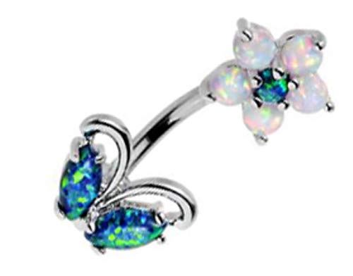 Belly Button Ring Navel Split Opalite Flower 316L Surgical Steel Body Jewelry