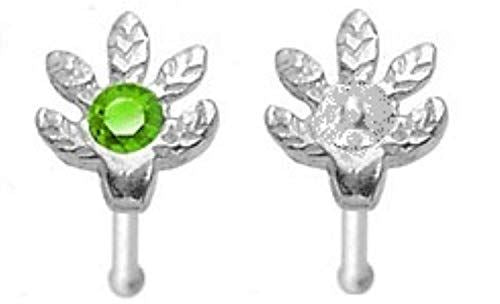 Body Accentz .925 Sterling Silver Nose Stud with Marijuana Pot Leaf Clear and Gr