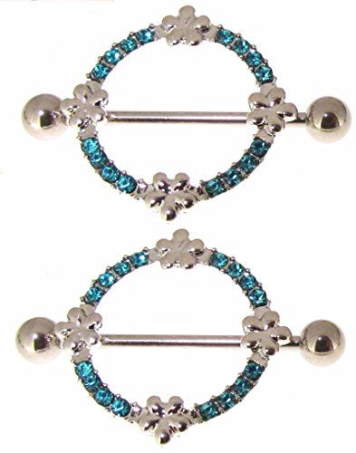 Body Accentz 2 pc Circle of Love Barbell Nipple Shield Ring Paved gem Flower Sol