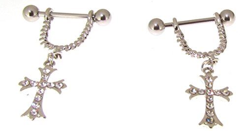 Body Accentz 2 pc Stainless Steel Barbell Nipple Ring CZ Dangle Cross Sold as a