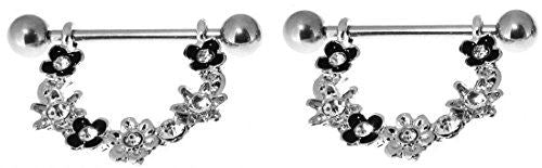 Body Accentz 2 pc Stainless Steel Barbell Nipple Ring Puma Flower Pair CH176