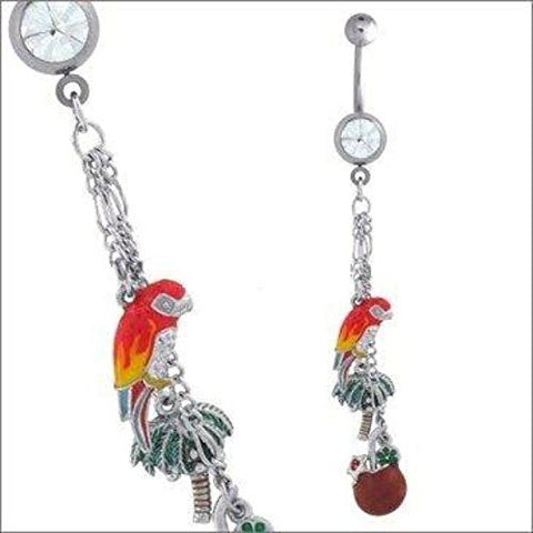 Body Accentz Belly Button Ring Navel Parrot Palm Tree Body Jewelry Dangle 14 Gauge