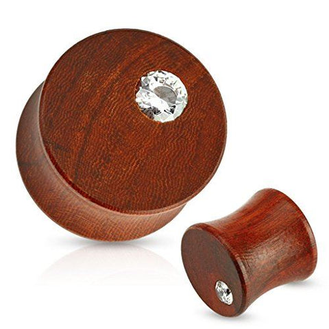 Earrings Single CZ Top Organic Mahogany Wood Saddle Fit Plug pair 0g