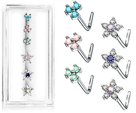 Body Accentz L Bend 316L Surgical Steel Nose Stud Rings Opalite Flowers 20g 6pc