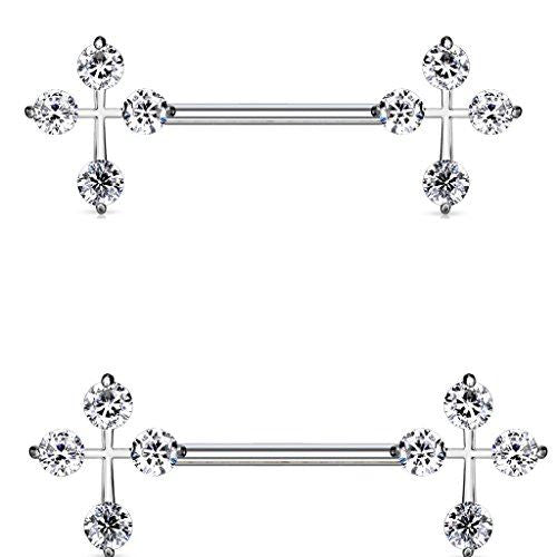 Body Accentz Nipple Bar Princess CZ Cross Ends Sparkle Barbell Ring Sold as Pair