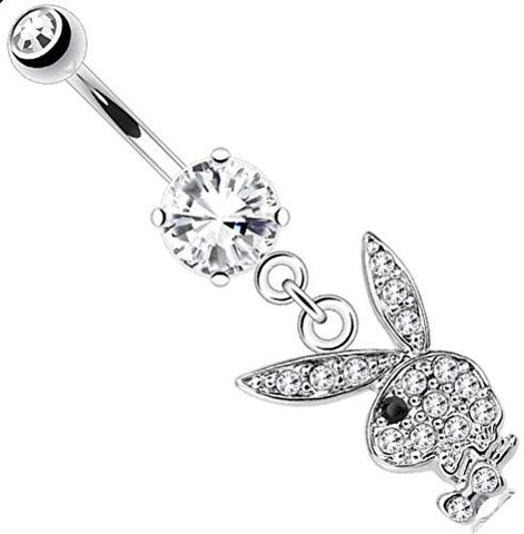 Playboy Body Accentz Belly Button Ring Multi Paved Gems on Bunny Dangle 316L Sur