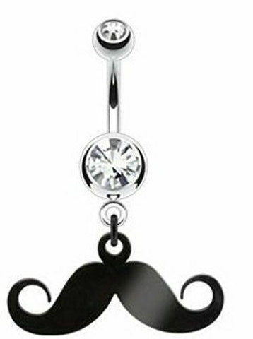 Belly Button Ring Navel 316L Surgical Steel Black IP Mustache Dangle 14g 3/8''.CZ