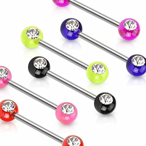 Double Front Facing Gemmed Acrylic Balls 316L Surgical Steel Nipple Bar One pair