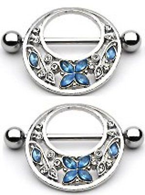 Nipple Ring Bars Butterfly Flower Body Jewelry Pair 14 gauge Sold as pair