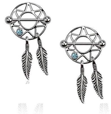 Nipple rings pair CZ barbells Barbell 14 gauge 3/4" bar Dream catcher feather