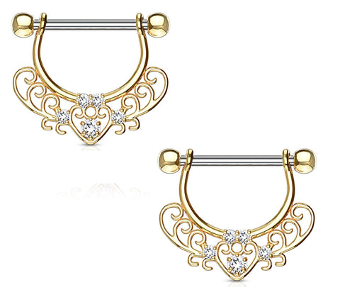 Nipple rings CZ Set Center Heart Filigree Dangle 316L surgical Steel - Silvertone / silvertone - Silvertone / silvertone