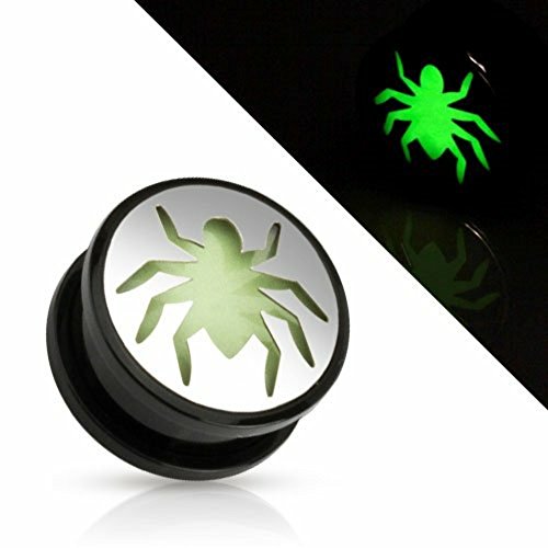 Earrings Ring Black UV Screw Fit Plug with Glow in the Dark Hollow Spider Sold as a pair 0g