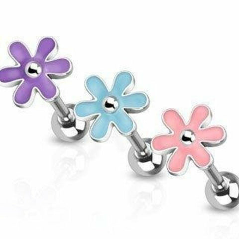 316L Surgical Steel Barbell with Cute Epoxy Flower Top Tongue Ring