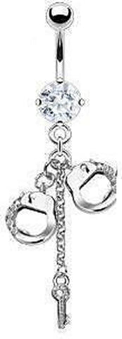 Belly Button Ring Navel CZ Handcuff Skeleton Key Dangle 14g