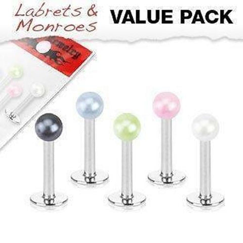 5 Pcs Value Pack of Assorted 316L Surgical Steel Labret Monroe with Pearly Coat