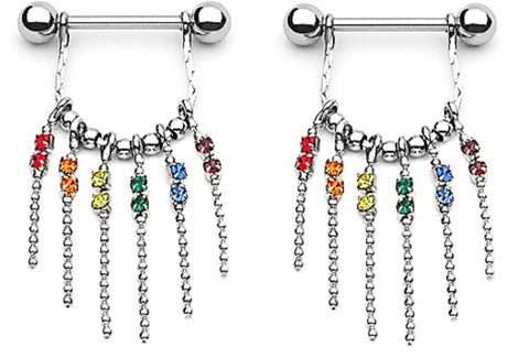 Nipple Bar Rainbow Gems with Chain Dangle Nipple Shield Sold as Pair