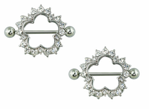 Body Accentz Nipple Ring CZ Embedded Clover Flower 316L Stainless Steel Nipple S