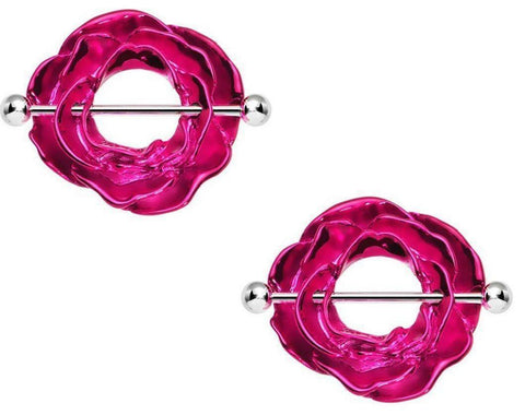 Nipple Shield Rings Barbell Blooming Rose Sold as a Pair 14g