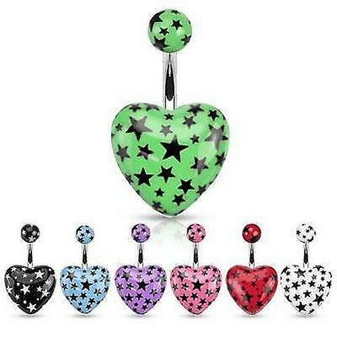 Belly Button Ring Heart Navel Ring - Acrylic Heart Multi Star Print 14g 3/8" blu