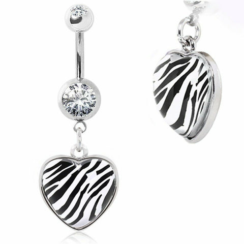 Navel Ring with Zebra Print Rounded Heart Dangle 316L Belly Button 14g 3/8"