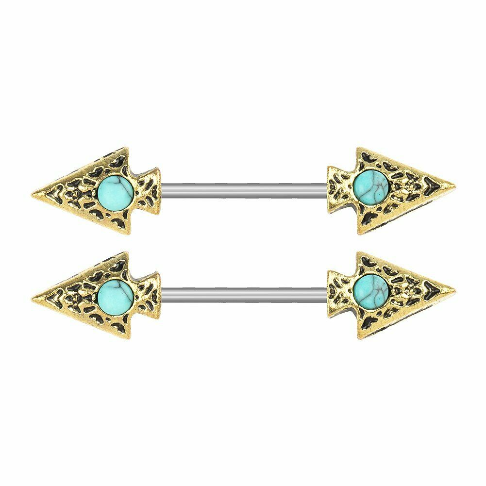 2Pcs Turquoise Tribal etched Arrow Nipple rings Stainless Steel Bar 14G barbell