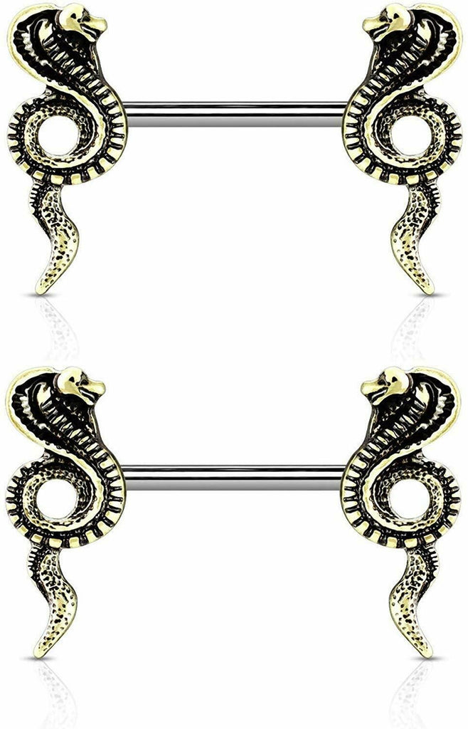 Body Accentz Antique Cobra Snake Nipple Barbell bar, Sold as a Pair