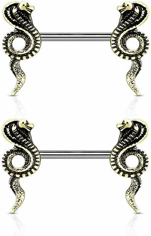 Body Accentz Antique Cobra Snake Nipple Barbell bar, Sold as a Pair