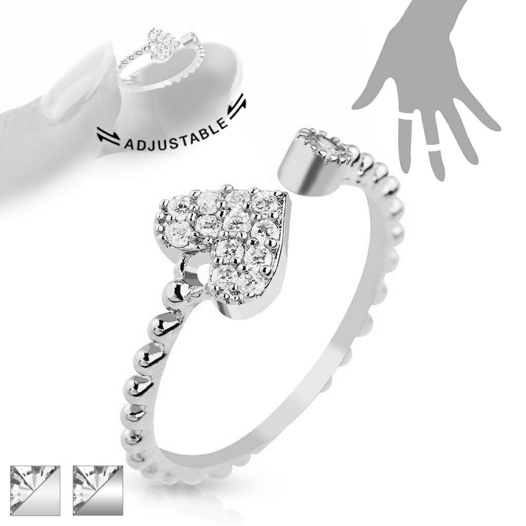 Adjustable Toe Ring/Mid Ring Heart Multi-Paved Gems Adjustable Rhodium Plated Brass