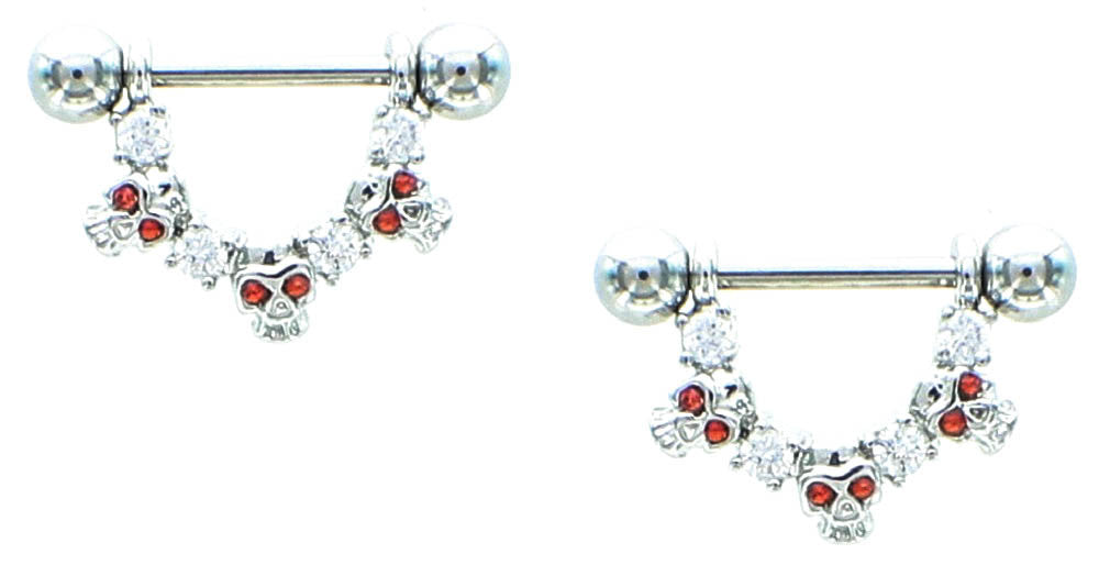 Nipple Shield Rings barbell barbells Skull and CZ sold as a pair 14 gauge