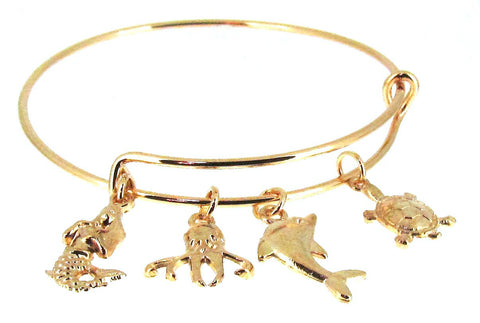 Mermaid Bracelet Gold Plate Expandable Wire Bangle  Octopus Dolphin Turtle