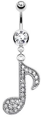 Belly Button Ring 316L Prong Set Gem Navel with Gem Paved Music Note Dangle