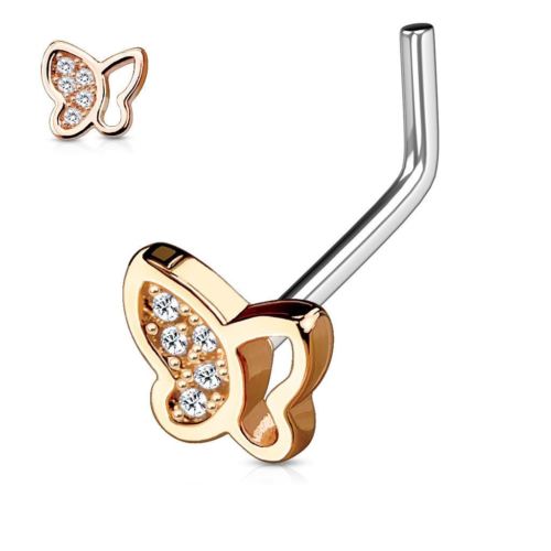 Nose Ring 20g Hollow Half Paved CZ Butterfly 316L Surgical Steel L Bend Stud [Rose]