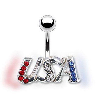 Belly Button Ring Navel  Steel   w/ Silver Usa w/ Gems CZ Body Accentz&reg;