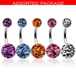 Body Accentz&reg; Belly Button Ring Assorted Color 316L Surgical Steel Navel Ring with Leopard Print Acrylic Balls Body Jewelry 14g 3/8" Lot of 5