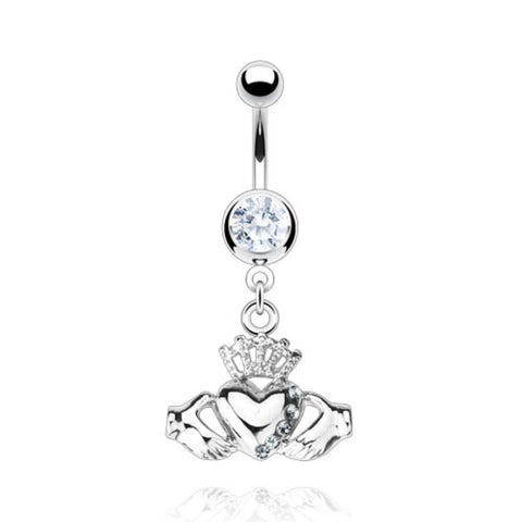 Belly Ring Charm Clear Gemmed Claddagh Crown Heart Dangle Charm Navel
