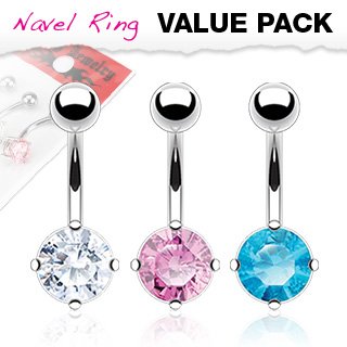 Body Accentz&reg; Belly Button Ring Navel Assorted Color 316L Surgical Steel Round CZ Prong value pack Body Jewelry 14 Gauge