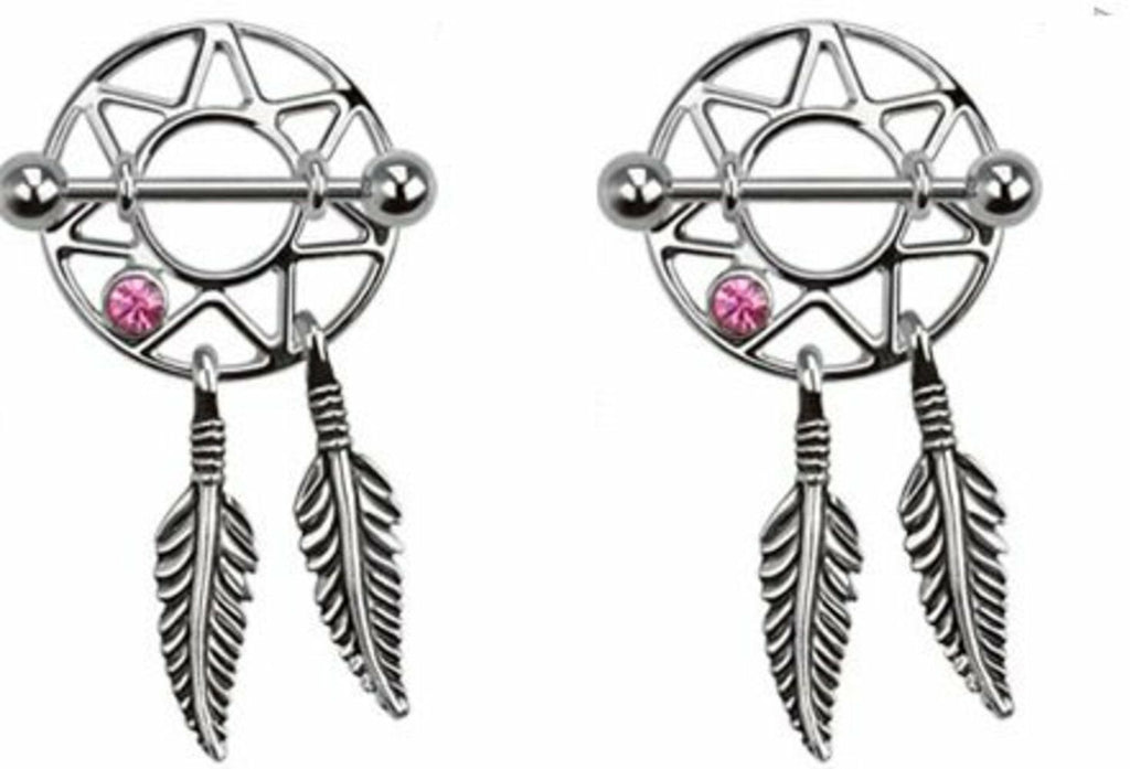 316L Surgical Steel Dream Catcher Feather Nipple Shield Ring 3/4" 14 gauge pair