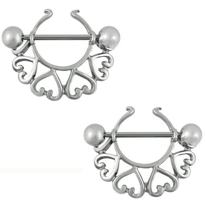 Body Accentz Nipple Shield Rings Barbell Barbells Sold as a Pair 14 Gauge Hearts