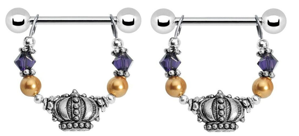 Nipple Ring Shield Piercing Beads Crown Dangling 14 Gauge Pair