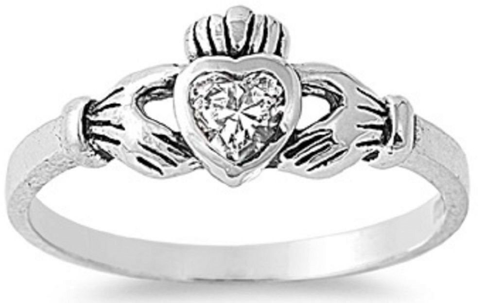 STERLING SILVER RING W/CZ Faux Clear  Claddagh Pinky Ring