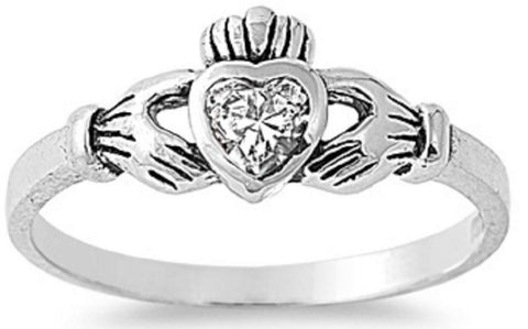 STERLING SILVER RING W/CZ Faux Clear  Claddagh Pinky Ring