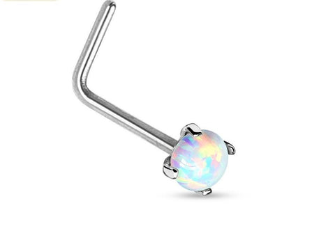 Nose Ring 20g 14Kt. White Gold L Bend Nose Ring with Prong Set Opal