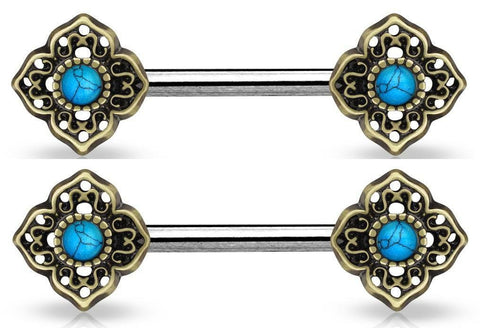 Body Accentz Nipple Bar Turquoise Centered Tribal Flower Ends 316L Surgical Stee