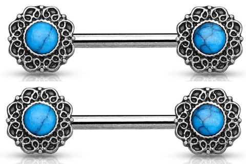 Body Accentz Nipple Ring Bar Turquoise Centered Tribal Heart Filigree Shield Pai