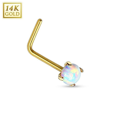 Body Accentz Nose Ring 14Kt. Gold L Bend Nose Ring Prong Setting Faux Opal 20g