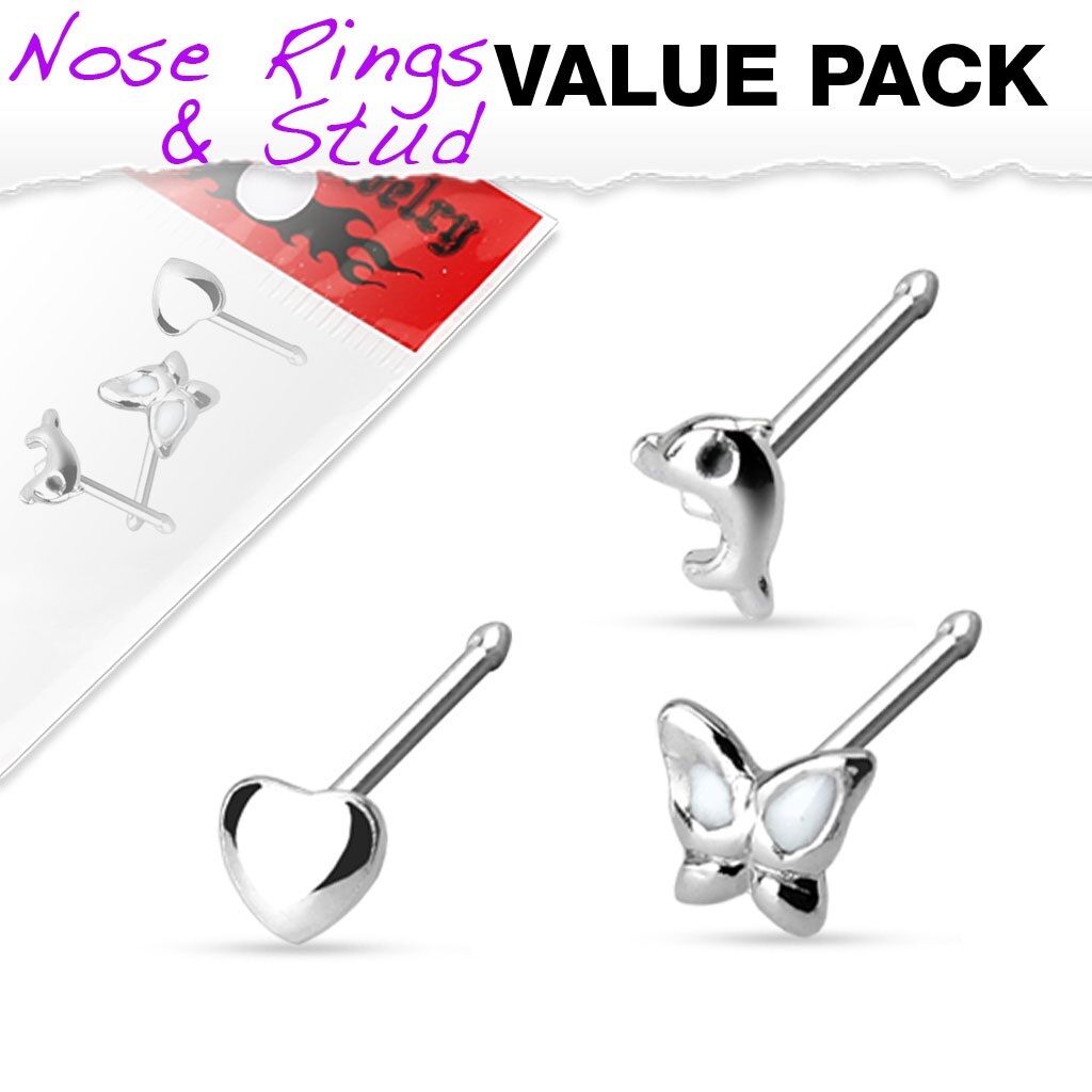 Nose Ring 20g 3 Pcs Dolphin Hear Butterfly .925 Sterling Silver Stud